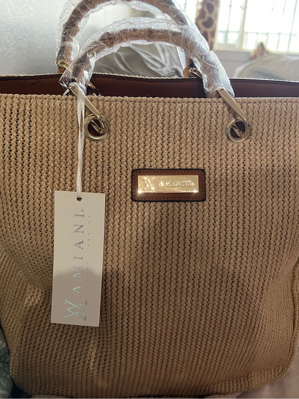 Amiani Beige Woven Tote Bag with Gold Hardware - Women's Handbag